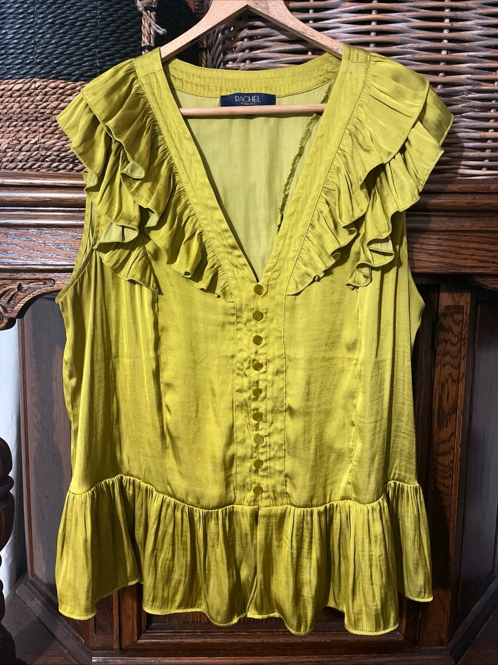 RACHEL Rachel Roy Chartreuse Ruffle V-Neck Button silky blouse